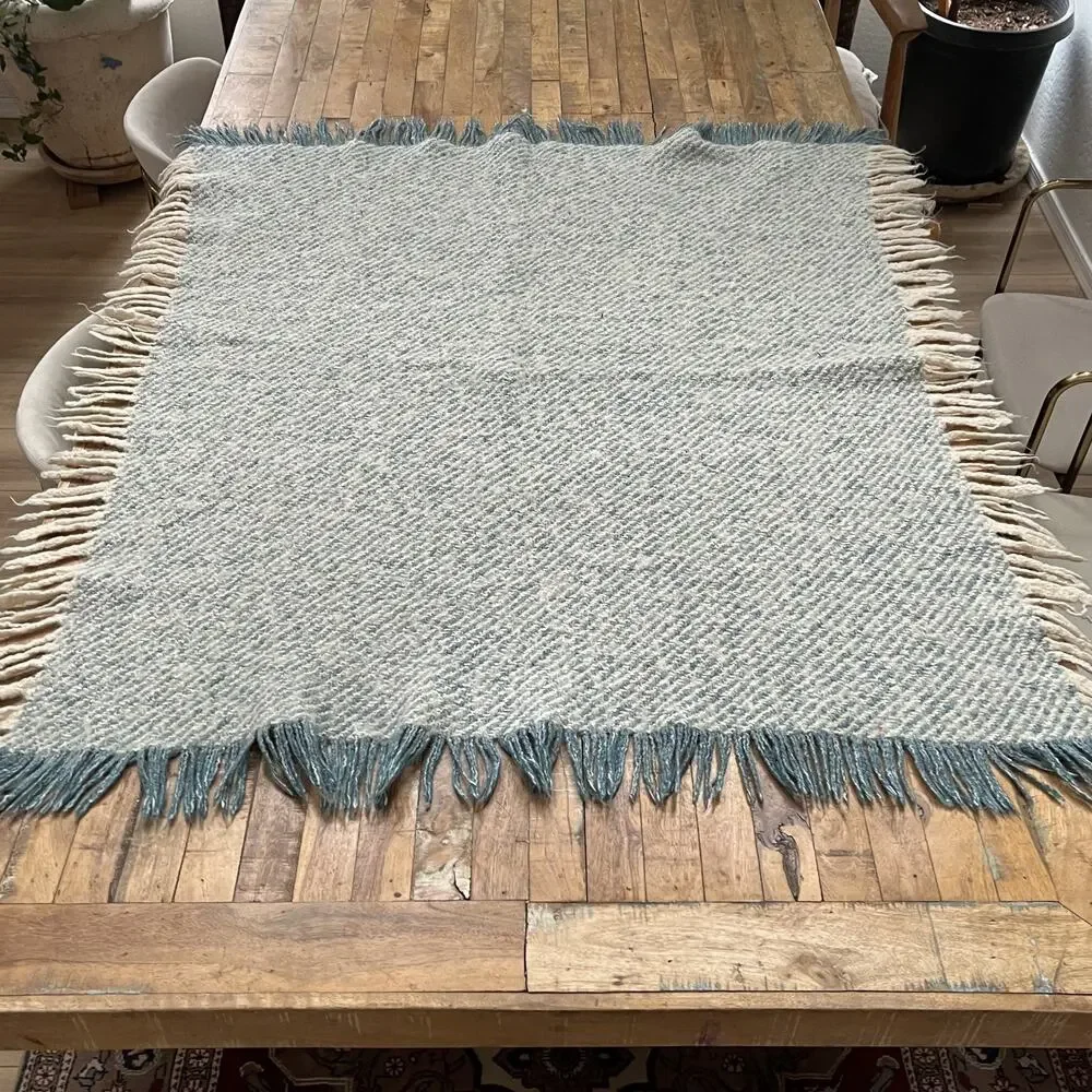Wool Blend Lap Blanket Blue & Ivory Lush Fringe 37 x 43.5 in